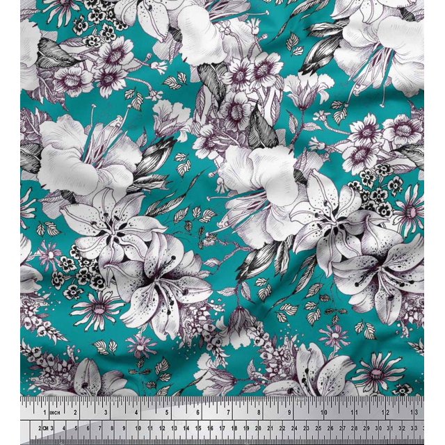 Soimoi polyester Crepe Fabric Leaves & Flower Floral Print Sewing Fabric Yard 42 Inch Wide