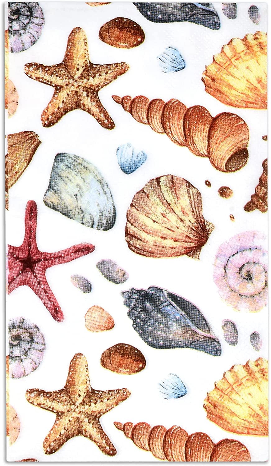 100 Nautical Beach Guest Napkins 3 Ply Disposable Paper Pack Coastal Friends Seashell Sea Shore Summer Dinner Hand Napkin For Bathroom Hotel Gym Spa Party Wedding Bridal Baby Shower Decorative Towels 