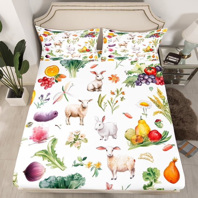 Rustic Farmhouse Bedding Set For Kids Boys Girls,Rabbit Sheep Animal Fitted Sheet Twin Size,Vegetables Fruits Food Bed Sheets Country Farm Style Bed Cover(No Top Sheet)