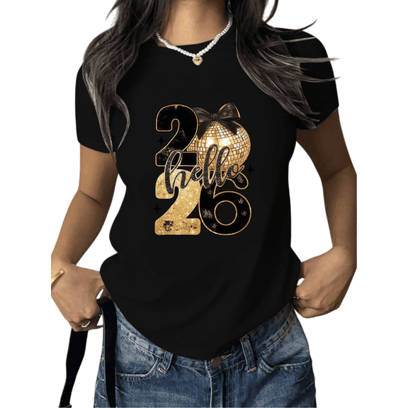 New Year Glam T-Shirt - 2026 Disco Ball Sparkle Print Tee - Hello New Year Glitter Party Celebration Tops
