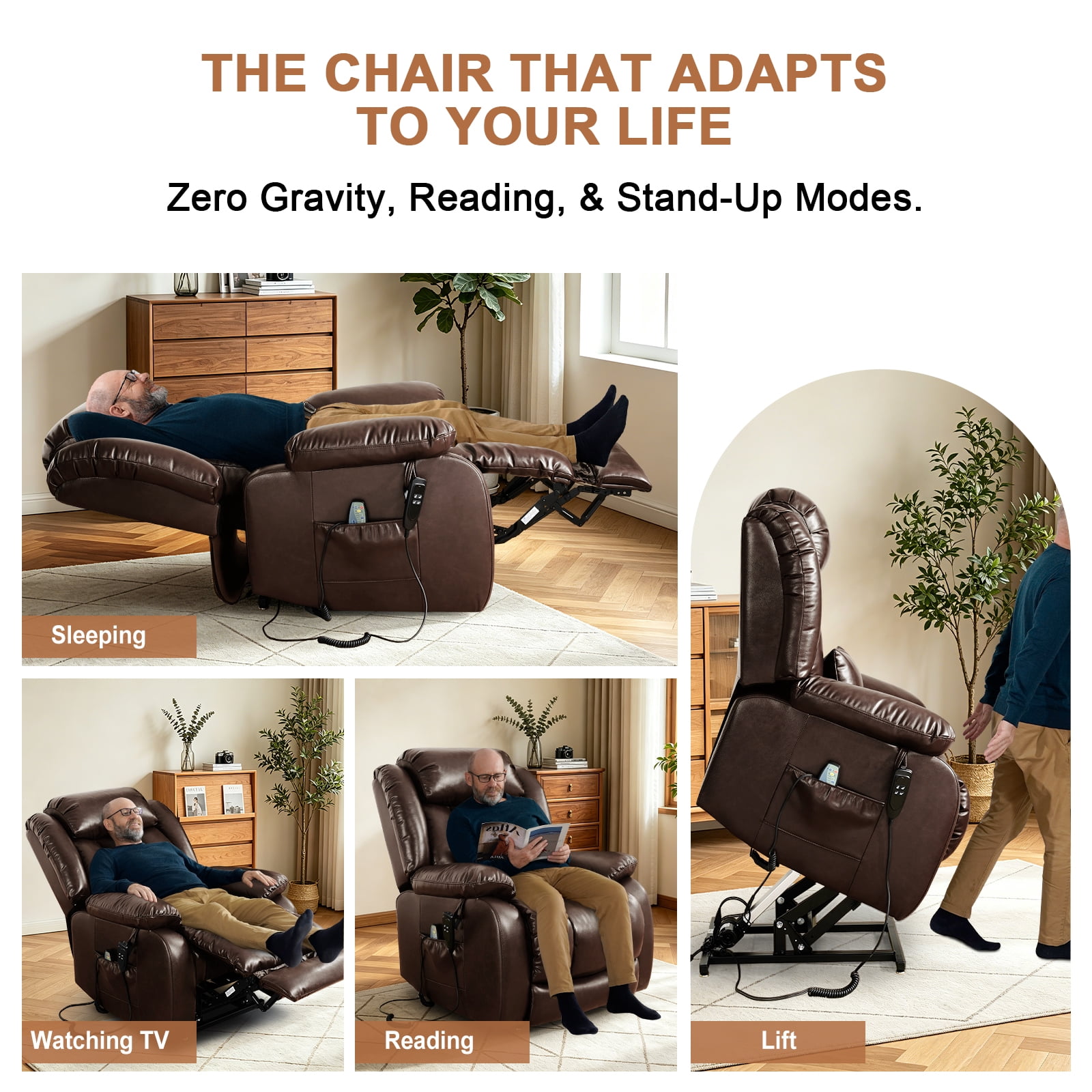 TEKAMON Power Lift Chair Recliner for Elderly with Heat and Massage, Lay Flat Sleeping Recliner Dual Motor Infinite Position Leather Lift Chair for Living Room (Brown)