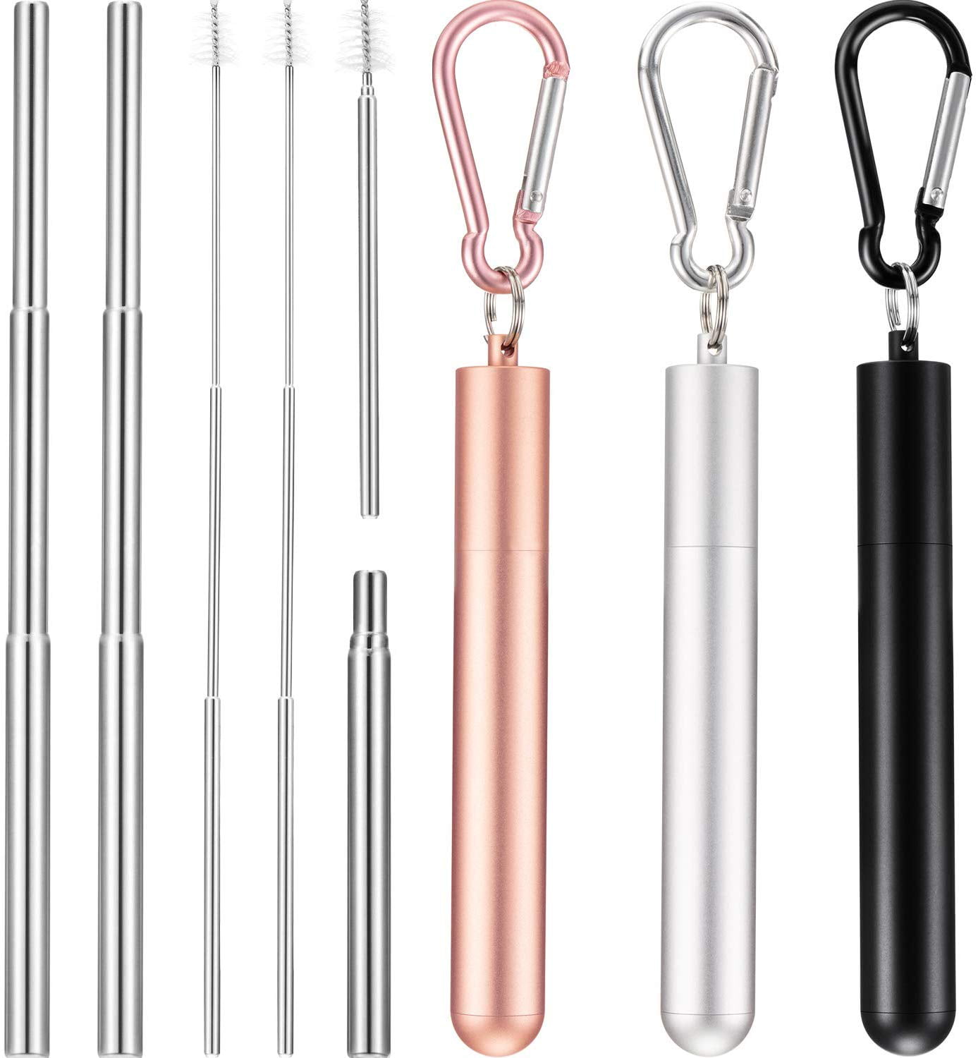 Collapsible stainless steel straws Portable reusable metal straws with cleaning brush Telescopic drinking metal straws with case and keychain 