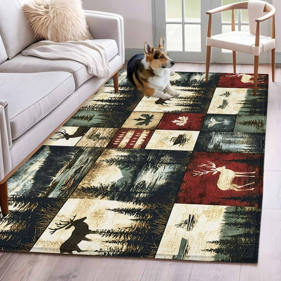 Rustic Forest Area Rug 3x5 Washable Rug Non Slip Reindeer Pine Tree Nautical Boat Retro Large Area Rug Indoor Floor Carpet for Entryway Bedroom Kitchen Living Room Home Office Dining Room Nursery