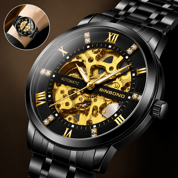 Men’s Skeleton Automatic Mechanical Watch Stainless Steel Analog Wristwatch Black Gold Dial Water Resistant Luxury Dress Casual Bracelet Watch For Business Parties Daily Everyday Wear Gift