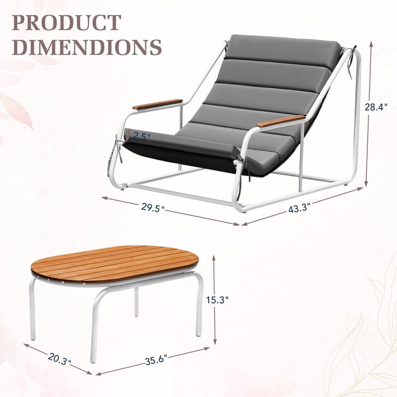 Vineego 3-Piece Patio Furniture Set with Acacia Wood Table,Modern Outdoor Lounge Chairs,All-Weather Steel Conversation Set for Backyard, Poolside, Balcony, Gray