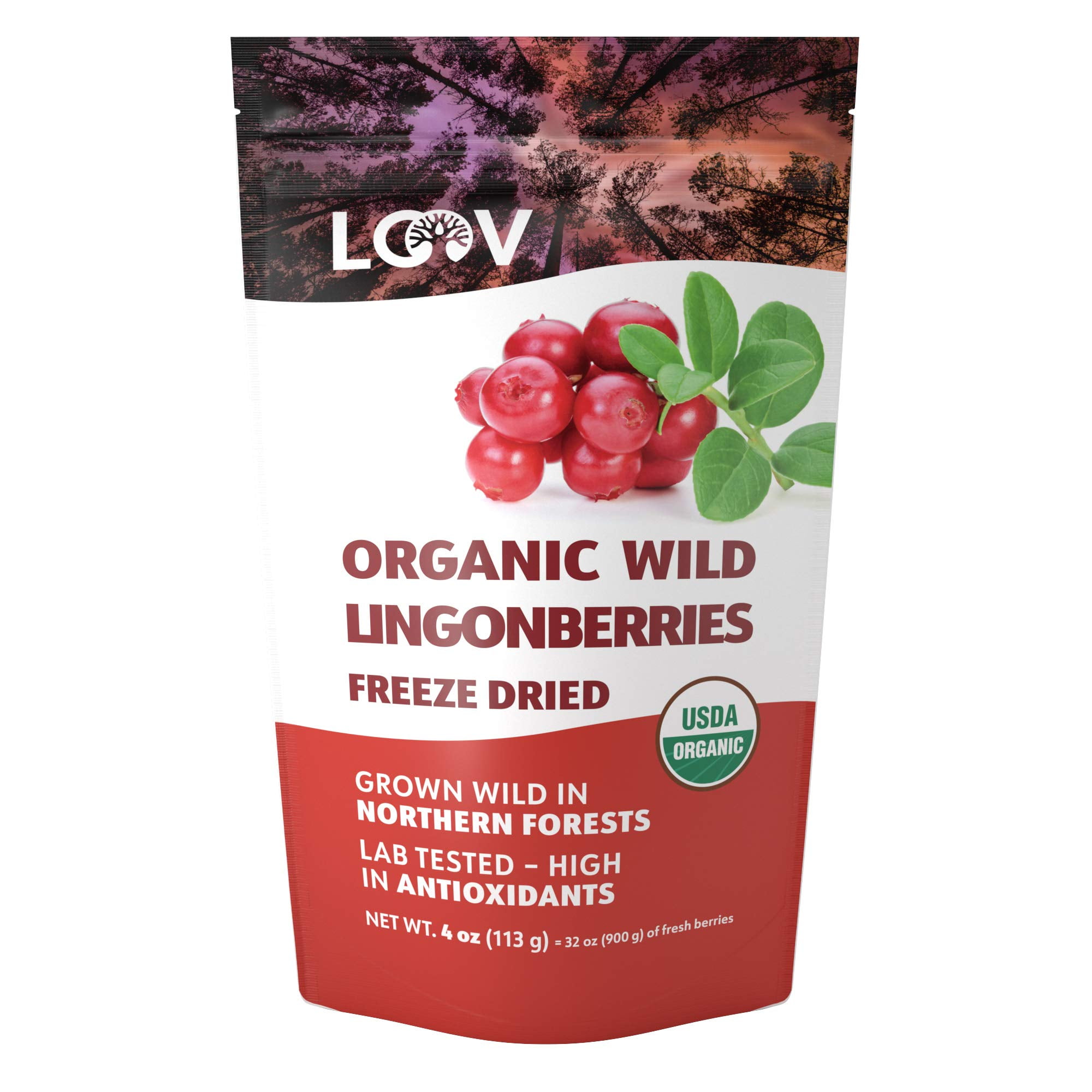 LOOV Freeze Dried Organic Wild Lingonberries - 23-Day Supply - No Sugar Added