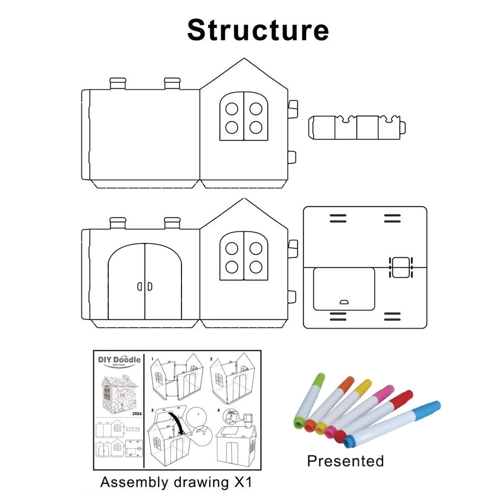 Kisdream DIY Large Cardboard Coloring Creative Crafts Play House Project Assemble and Paint Educational Toys 2.2 Feet Tall For Kids Age 2-8