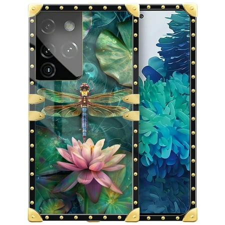 FKBRCL4U Compatible with Samsung Galaxy S21 Ultra Case, Colourful Dragonfly Pink Lily Pads Luxury Golden Decoration for Girl Women Soft TPU Shockproof Protective Hard PC Back