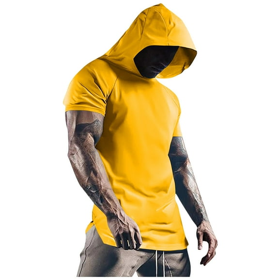 Men's Summer Hoodies Short Sleeve Lightweight Quick Dry Spandex Workout Fitness Tees Summer Casual Hooded Tops (XL, Yellow)