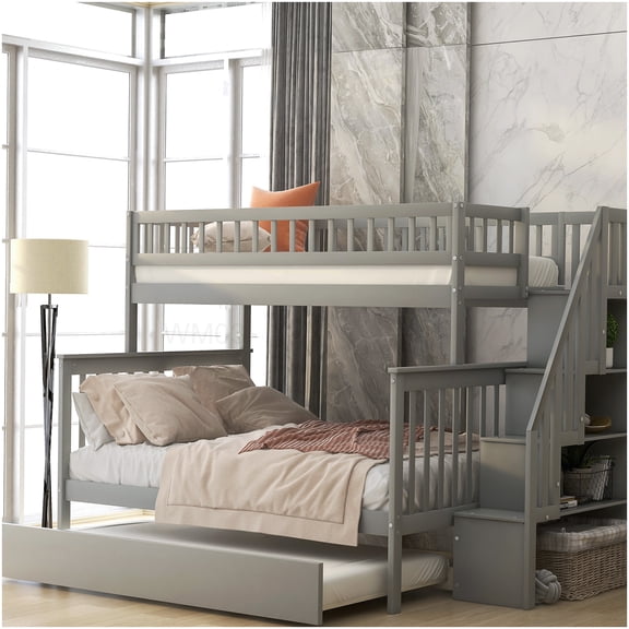 CHAMPFLAG Space Saving Bunk Bed with Trundle, Twin on Top Full Below, Staircase with Drawers, Gray Wood Frame