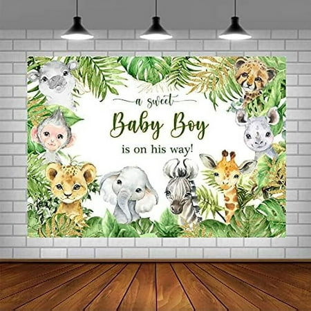 Image of Safari Baby Shower Backdrop for Photography Jungle Animals Baby Shower Background Newborn Baby Party Decorations for Boy Cake Table Banner 7x5ft