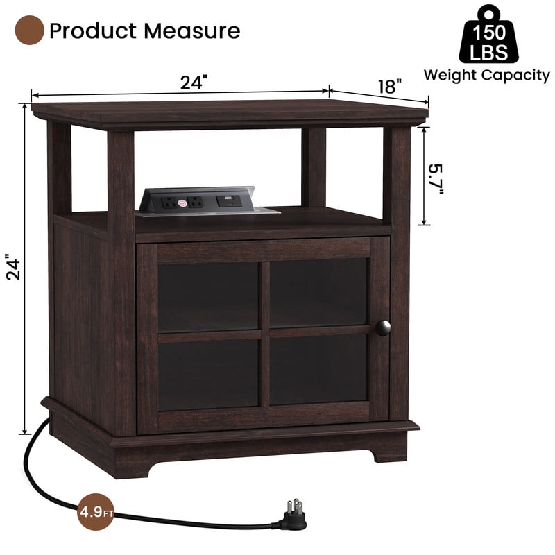 Plamle 24 Inch End Table with Charging Station, Nightstand with USB Ports & Outlets, Storage Side Table with Adjustable Shelf & Glass Door for Bedroom Living Room, Wood Finish