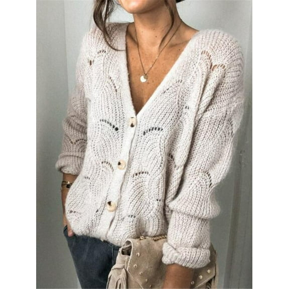 Openwork Button Up Long Sleeve Cardigan