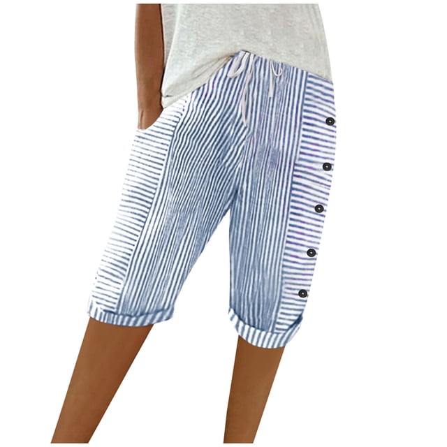Capris Décontractés pour Femmes d'Été en Coton et Lin Tissé à Rayures Patchwork à Boutons, Coupe Ample