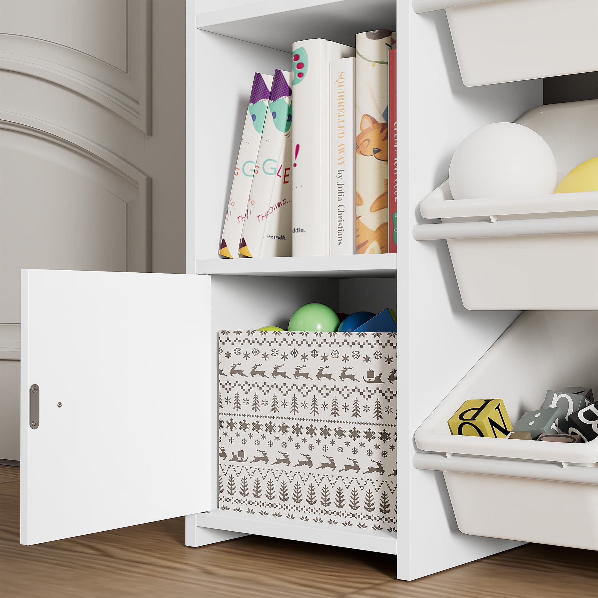 Homfa Kids Toy Organization Cubby Bookcase with 8 Bin, 2 Door White Storage Organizer Bookshelf for Children Room Playroom