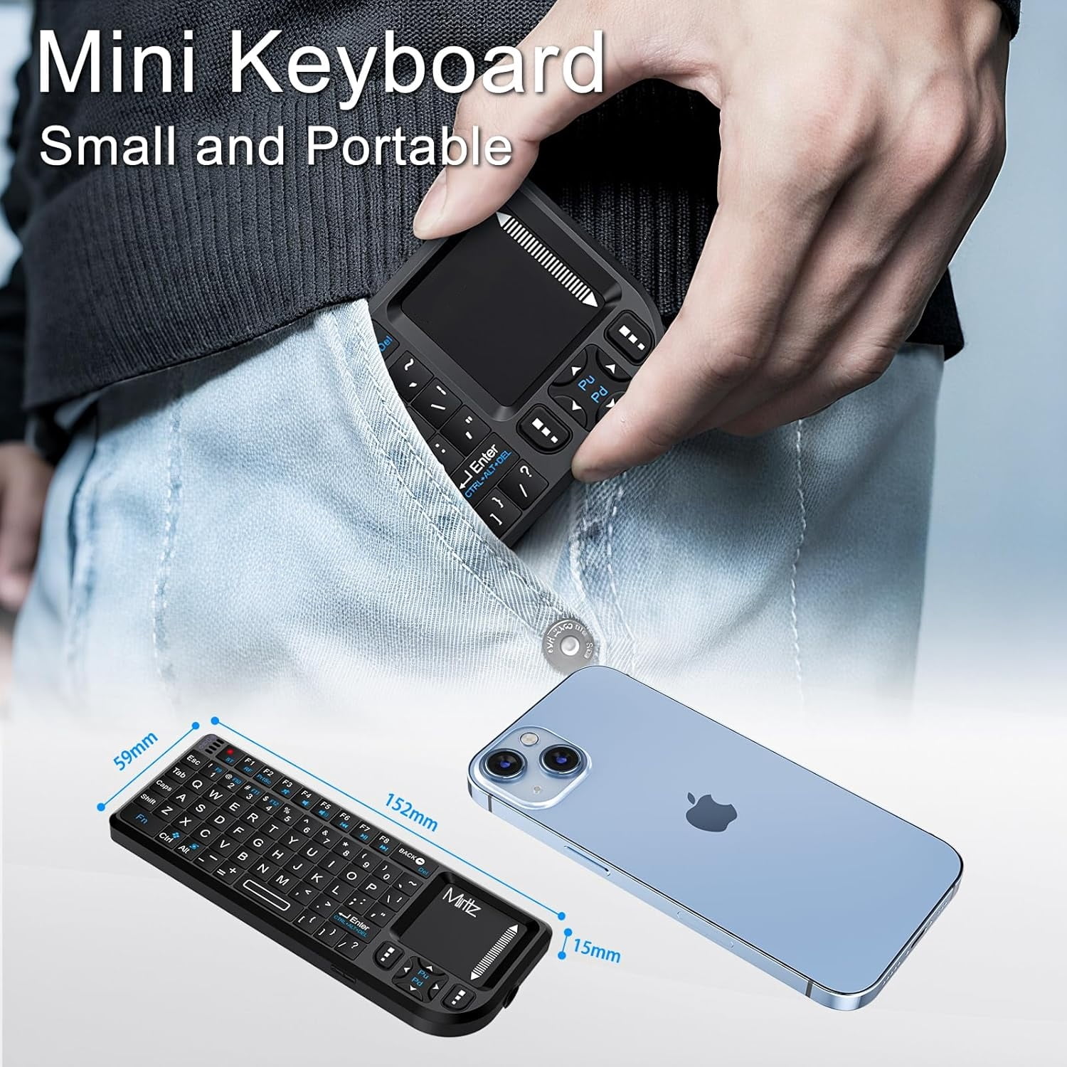Mini Wireless Keyboard, Handheld Bluetooth Keyboard with Sensitive Touchpad, 2.4G/Bluetooth 5.1 Dual Mode Rechargeable Portable, for Smart TV/PC/Tablet/Phone, Suitable for Travel, Office and Home Use