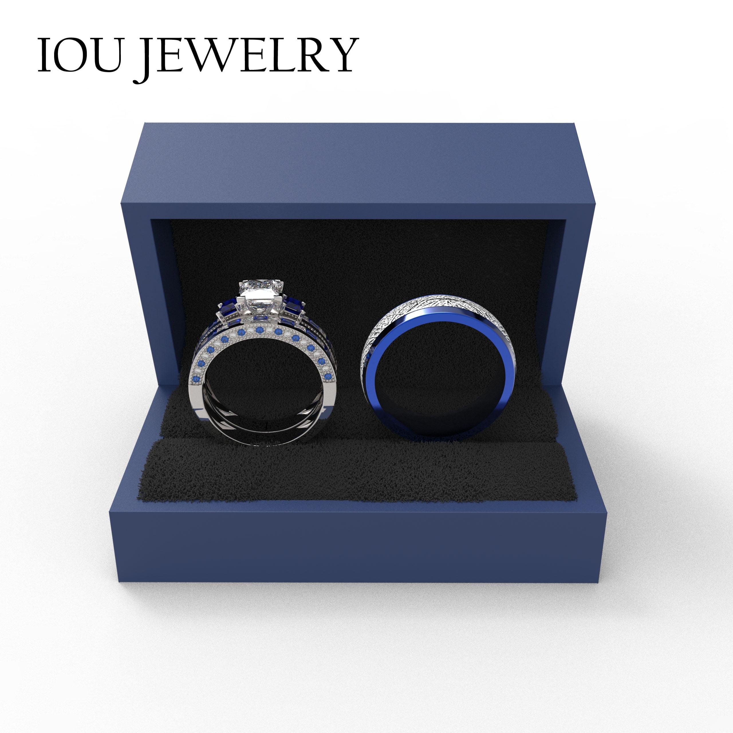 3pc Couples Wedding Ring Sets His And Hers Women Sterling Silver Blue Moissanite and men Wedding Bands Together With Ring Gift Jewelry Box