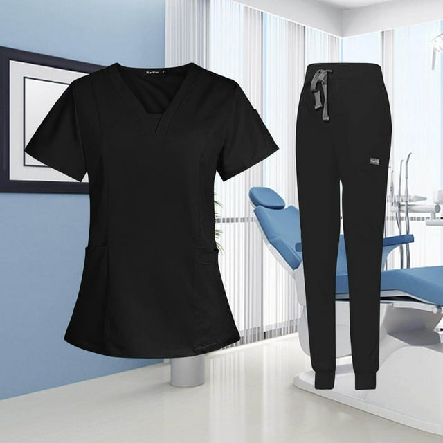 facefd Ensemble de Sarrau pour Femme Infirmière Col en v Lavable à la Machine Manches Courtes Tenue S Noir