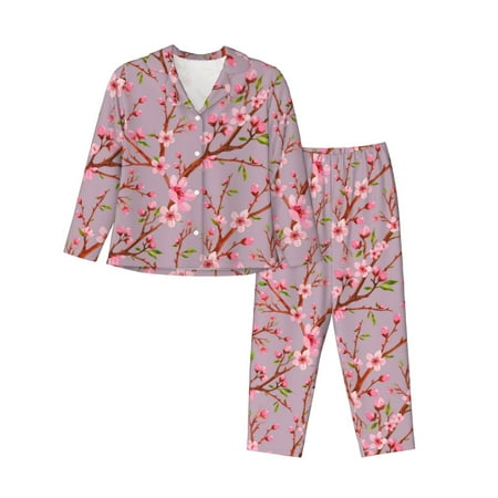 Pajamas for Women Set - pink berry blossom flowers Floral Comfy Long Sleeve Button Up Pajama Sets for Women 2 Piece  Soft Sleepwear Nightwear Pjs Lounge Sets for Women with Pockets