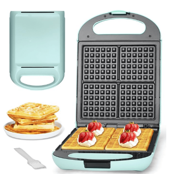Belgian Waffle Maker, Square Waffle IronNon Stick Cooking Plate, Classic & Multi Waffle Makers, 4-Slice, Aqua