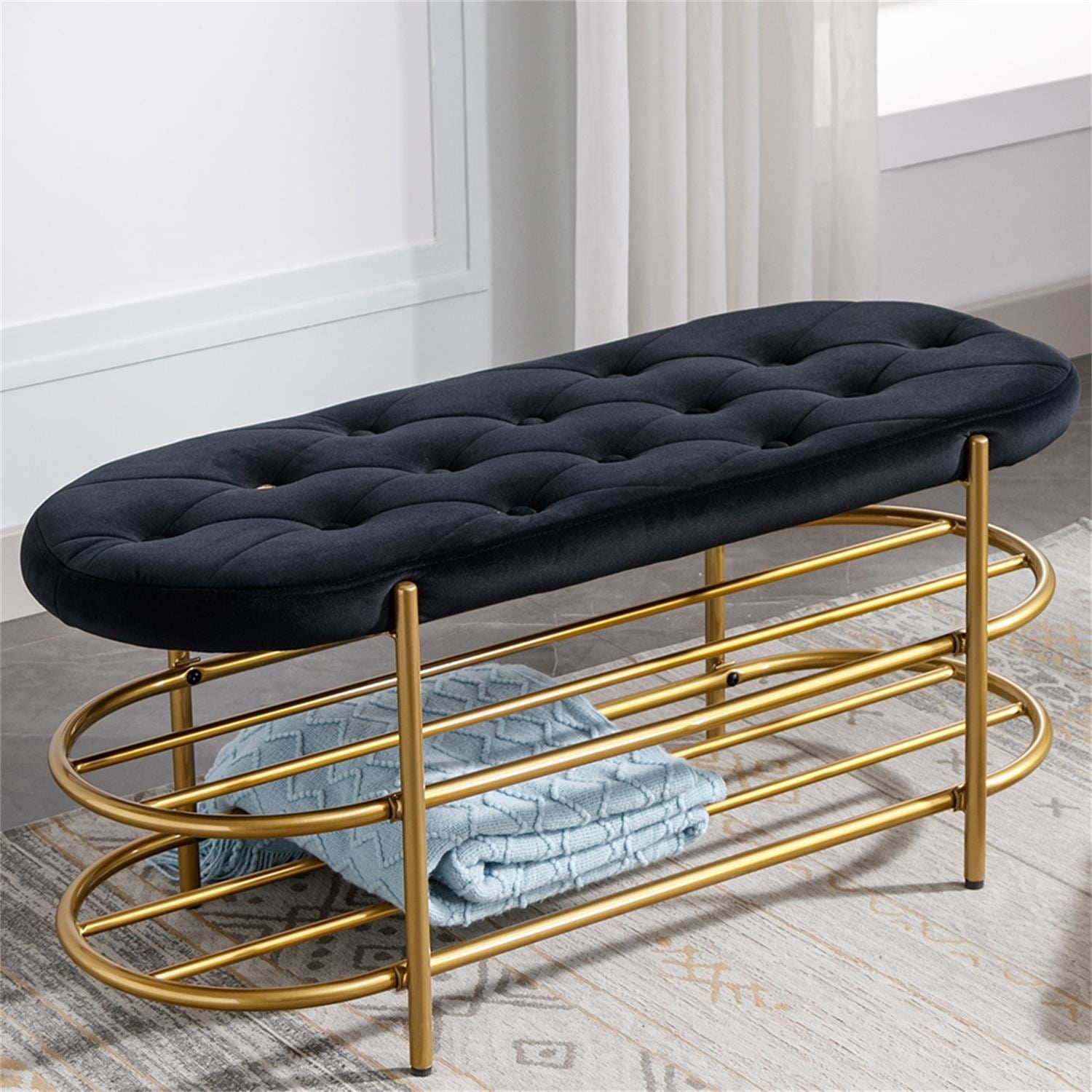 Kadyn Upholstered Velvet Beach, End of Bed Bench with 2 Shelf, Storage Beach for Living Room, Entrance, Black