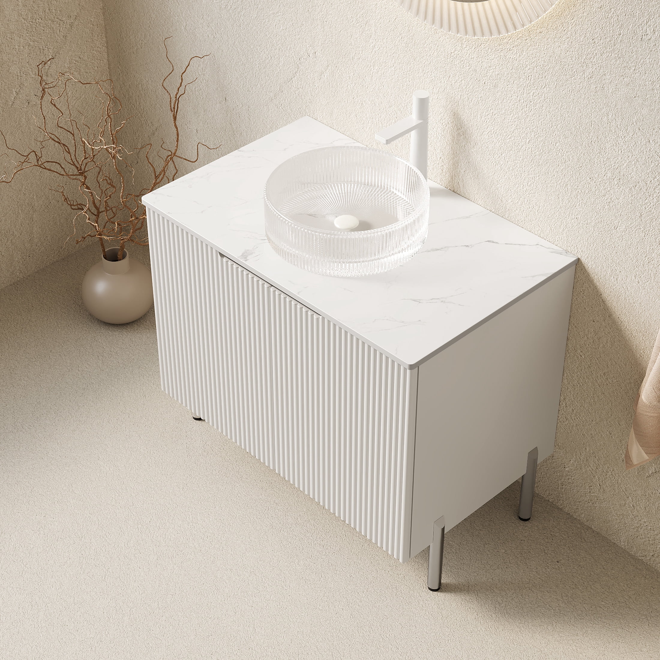 Noble House TURIO 30" Bathroom Vanity with Sintered Stone Countertop, Storage Cabinet, Clear Glass Round Basin, White