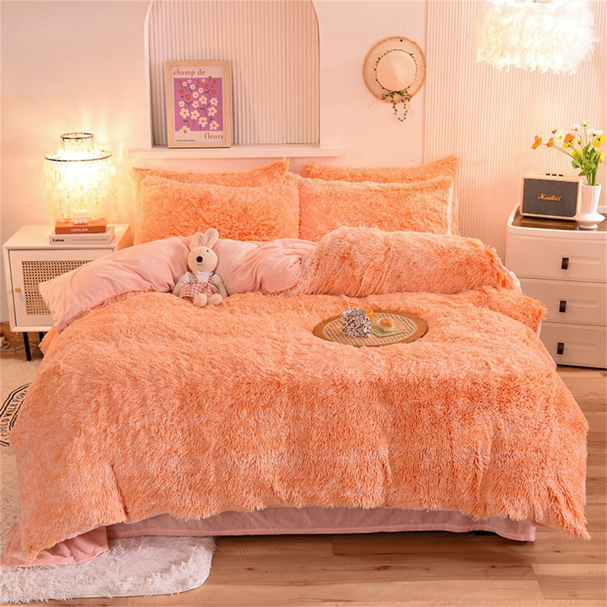 Gusuhome Luxury Faux Fur Duvet Cover Set Queen Size Shaggy Plush