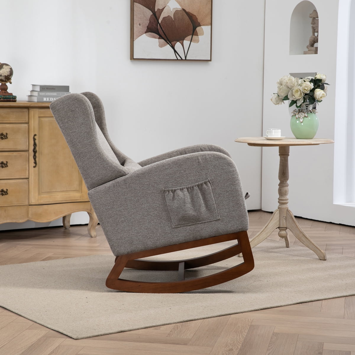 25.4"W Modern Rocking Chair for Nursery, Mid Century Accent Arm Rocker With Retractable Footrest, Side Pocket, Comfy Upholstered Wingback Wooden Glider Chair for Living Room Baby Kids Room. Taupe 1865
