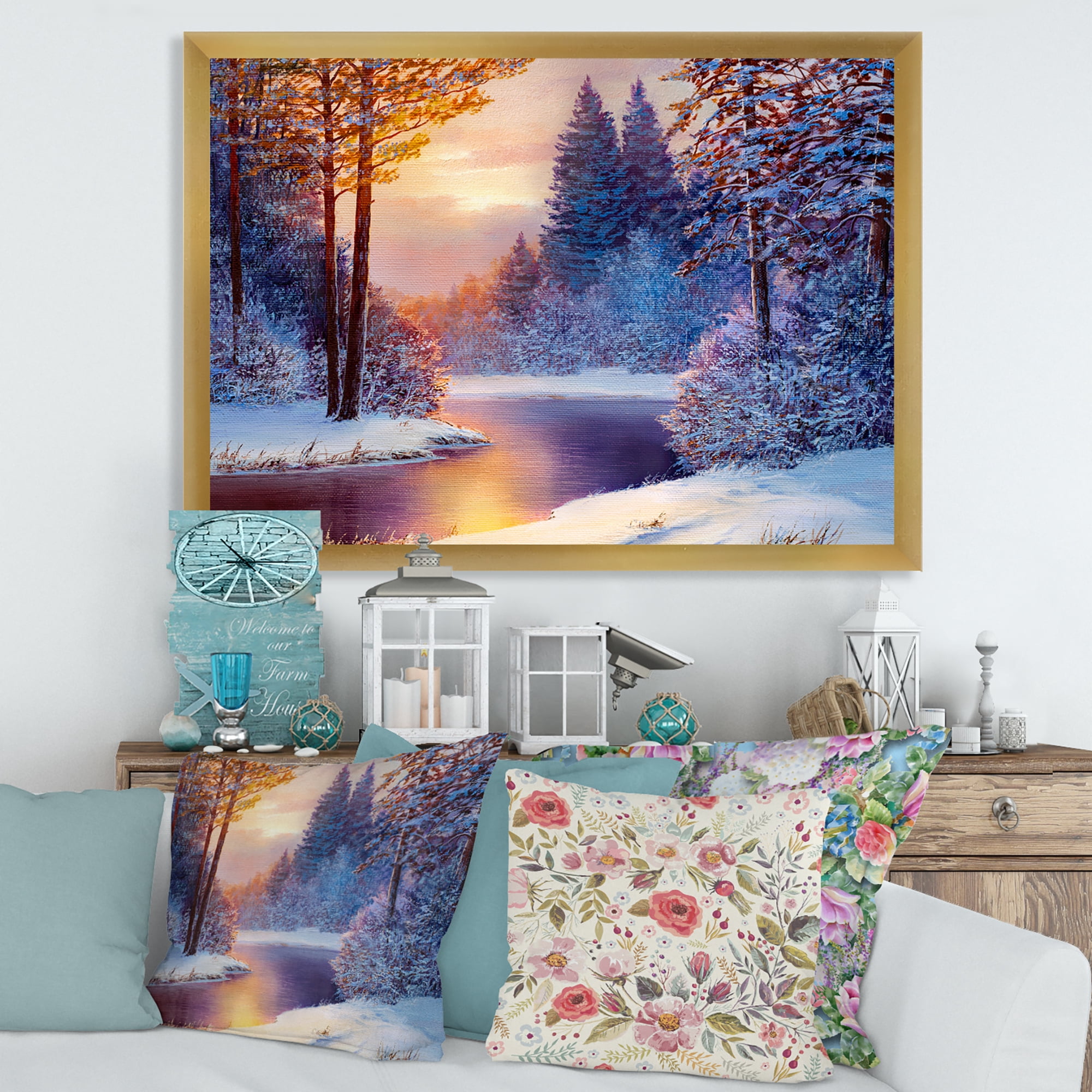 Designart 'Dark Blue Silhouettes of Trees With Winding River' Lake House Framed Art Print