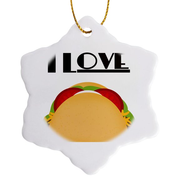 3drose, I Love Tacos Mexican Food Art, 3 inch Snowflake Porcelain Ornament