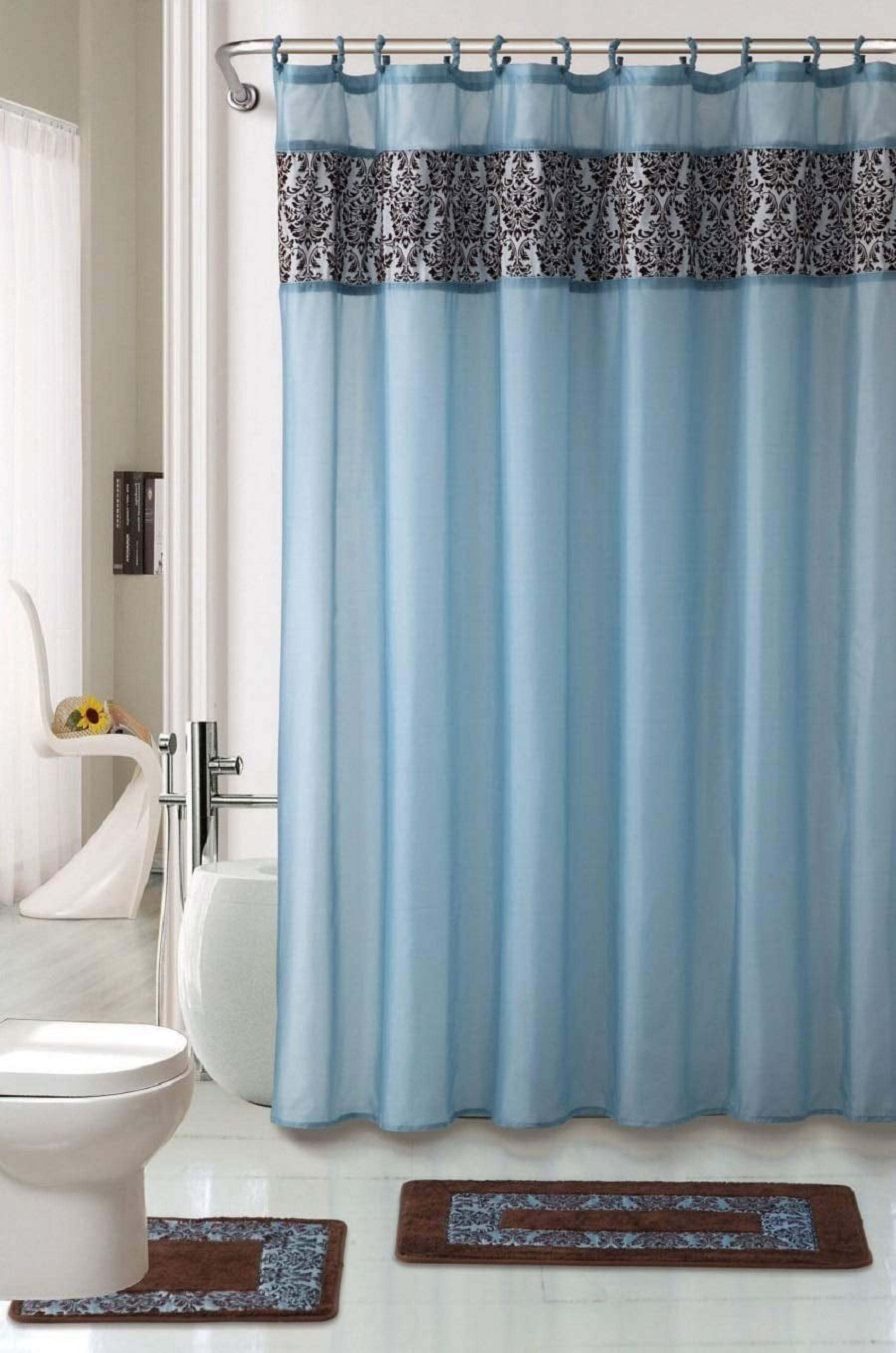 WPM 19 Piece Flocking Ceramic Bathroom Linen & Accessory Set with Bath Mat, Rug, Shower Curtain, Rings