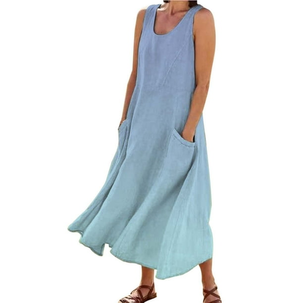 Vestido largo informal de verano con cuello redondo y estampado degradado para mujer