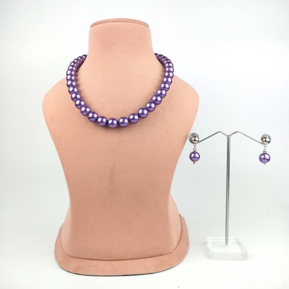 De-Lemon Single Layer Purple Glass Bead Statement Necklace & Earrings Set