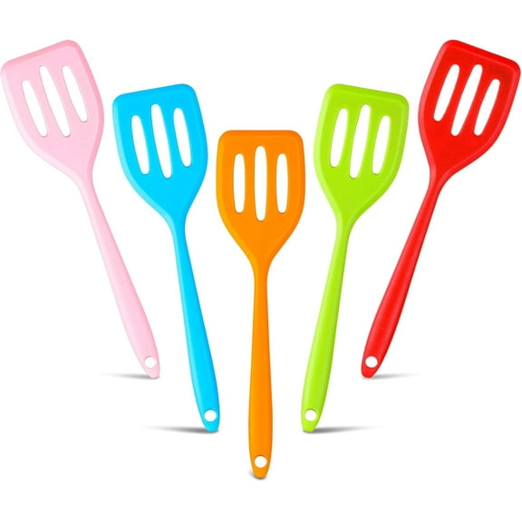 5 Pack Small Silicone Spatula Mini Rubber Turner High Heat Resistant Slotted Egg Fish Spatula Flipper Small Pancake Turner Mini Serving Cooking Kitchen Utensils (Red Blue Green Orange Pink)