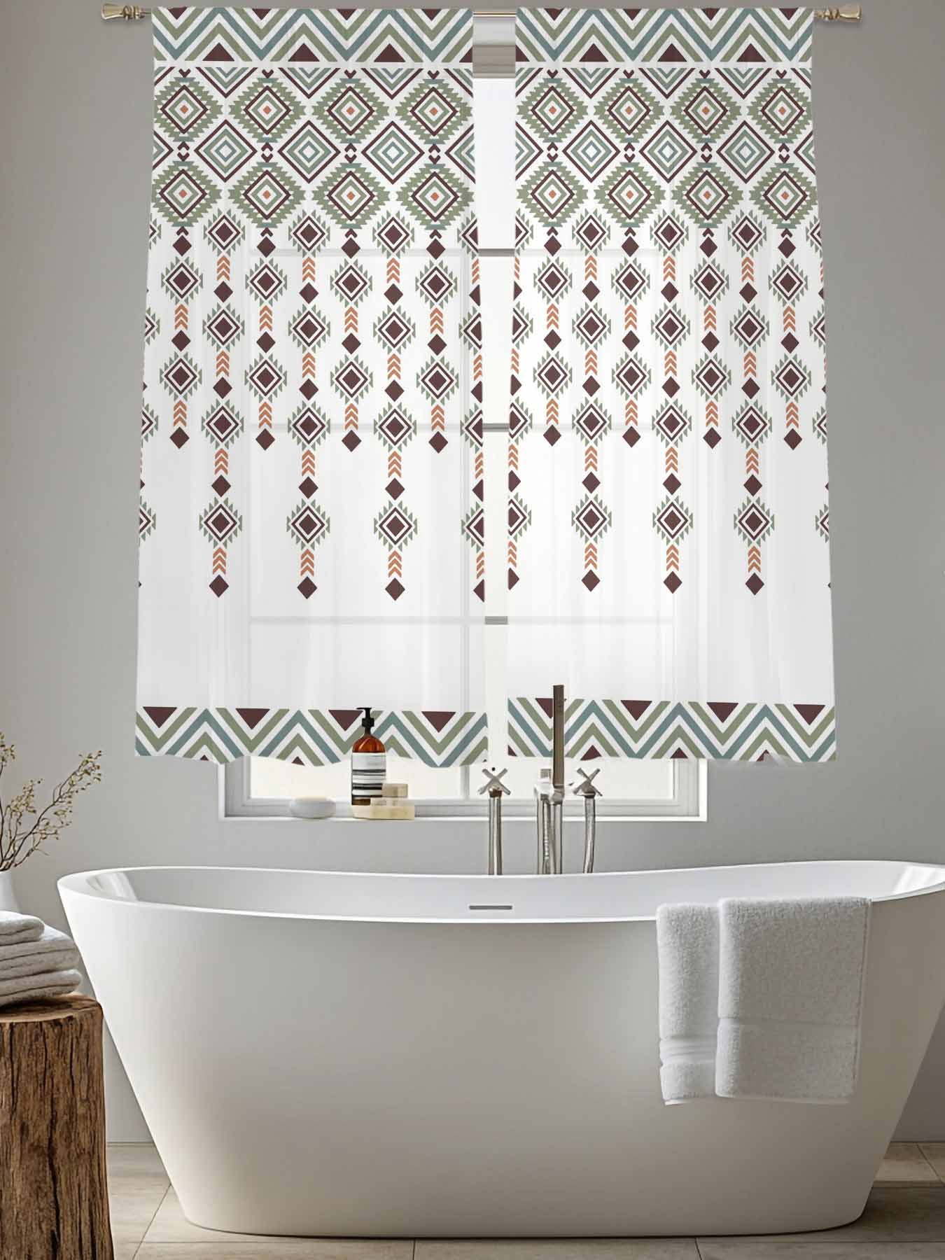 Sheer Curtain Panels Boho Diamond Voile Window Curtains Bohemian Geometric Stripes Beads Window Treatments Ligh Filtering Privacy Curtain Drapes for Bedroom Living Room 2 Panel Set 63 Inch