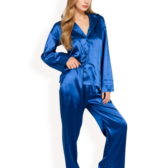 Women's Satin 2-Piece Pajama Set with Long Sleeve Button-Up Shirt and Relaxed Fit Wide-Leg Pants - Small, Navy