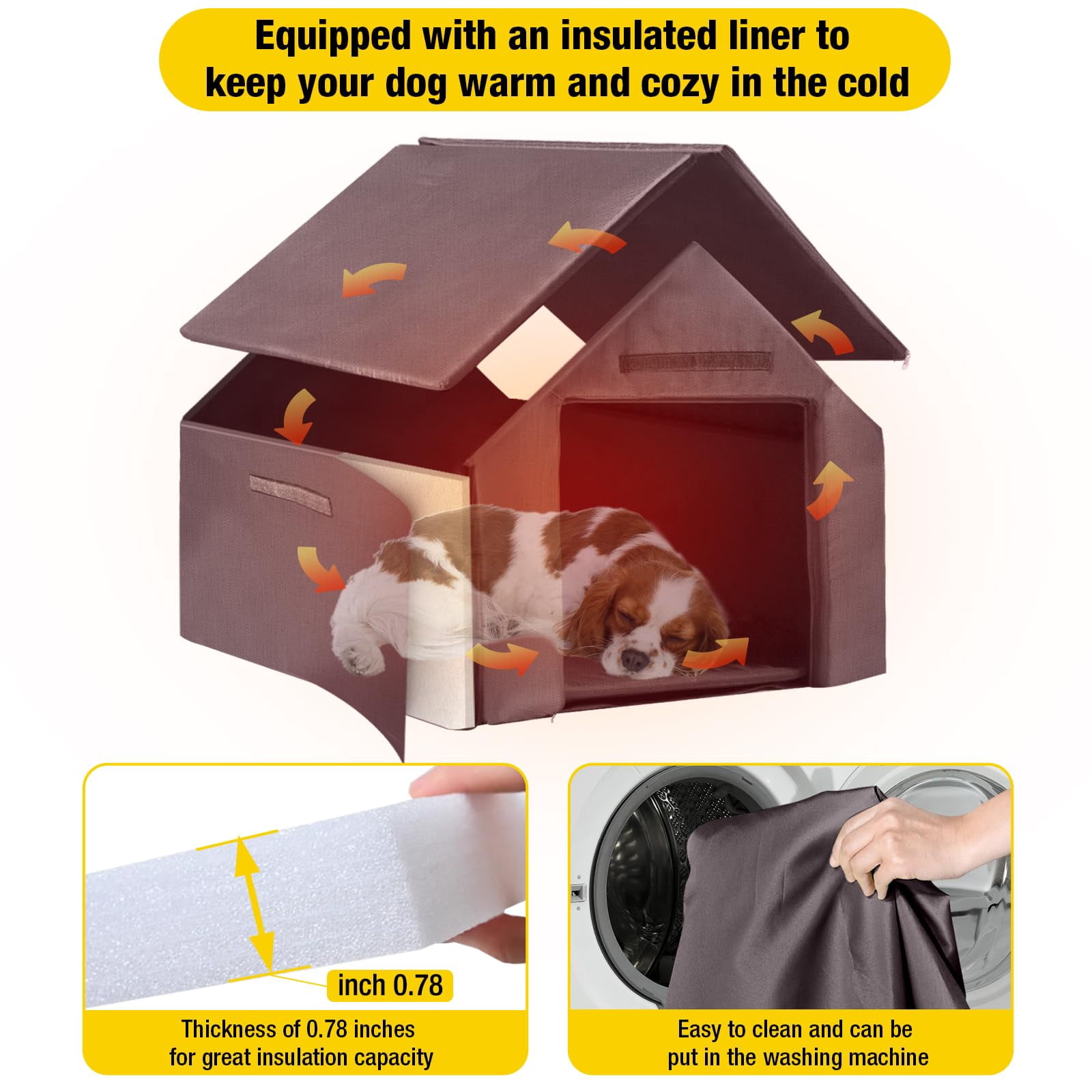 Insulated Dog House for Large Breeds, Weatherproof Outdoor Kennel with Anti-Chew Iron Frame, Spacious Shelter for Multiple Pets, 50.87" L x 45" D x 32.9" W x 32.6" H, Brown