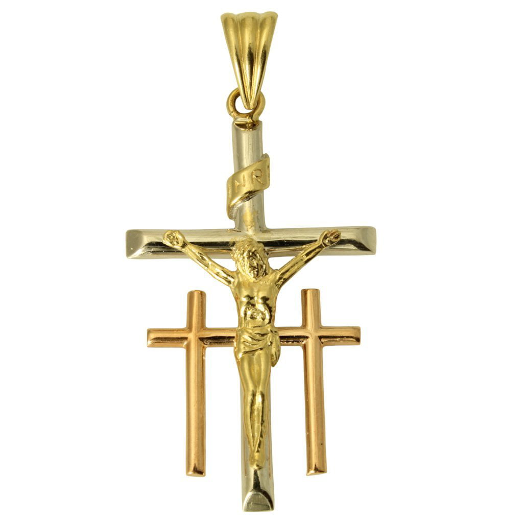 14K Real Yellow White Rose 3 Tri Color Gold Jesus Cross Crucifix Charm Pendant 
