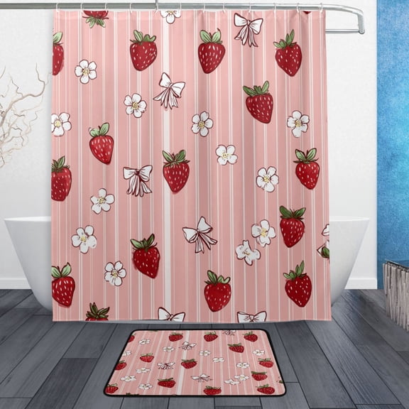 Bathroom Sets Curtain and Rug Sets 23.6x15.7 in Non-Slip Mat and 60x72 in Shower Curtain for Home Bath Dcor Strawberry and Flower