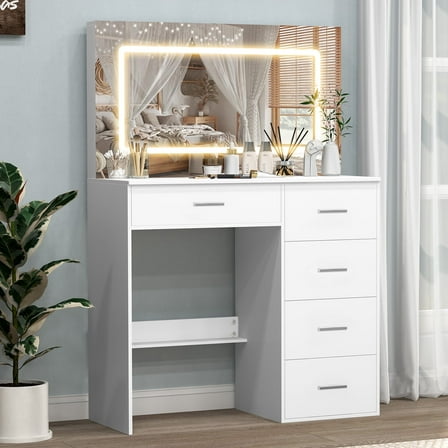 Yamissi Makeup Vanity with Lighted Mirror, White Compact Vanity Desk, Large 31.5" LED Mirror, 5 Drawers Table for Women