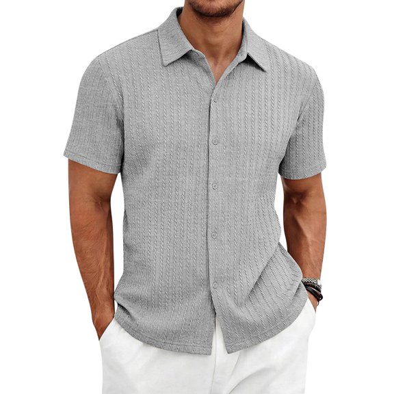 Domzest Men's Collared Shirts Short Sleeve Button Down Shirt Summer Casual Striped Textured Beach Shirt Light Gray XL