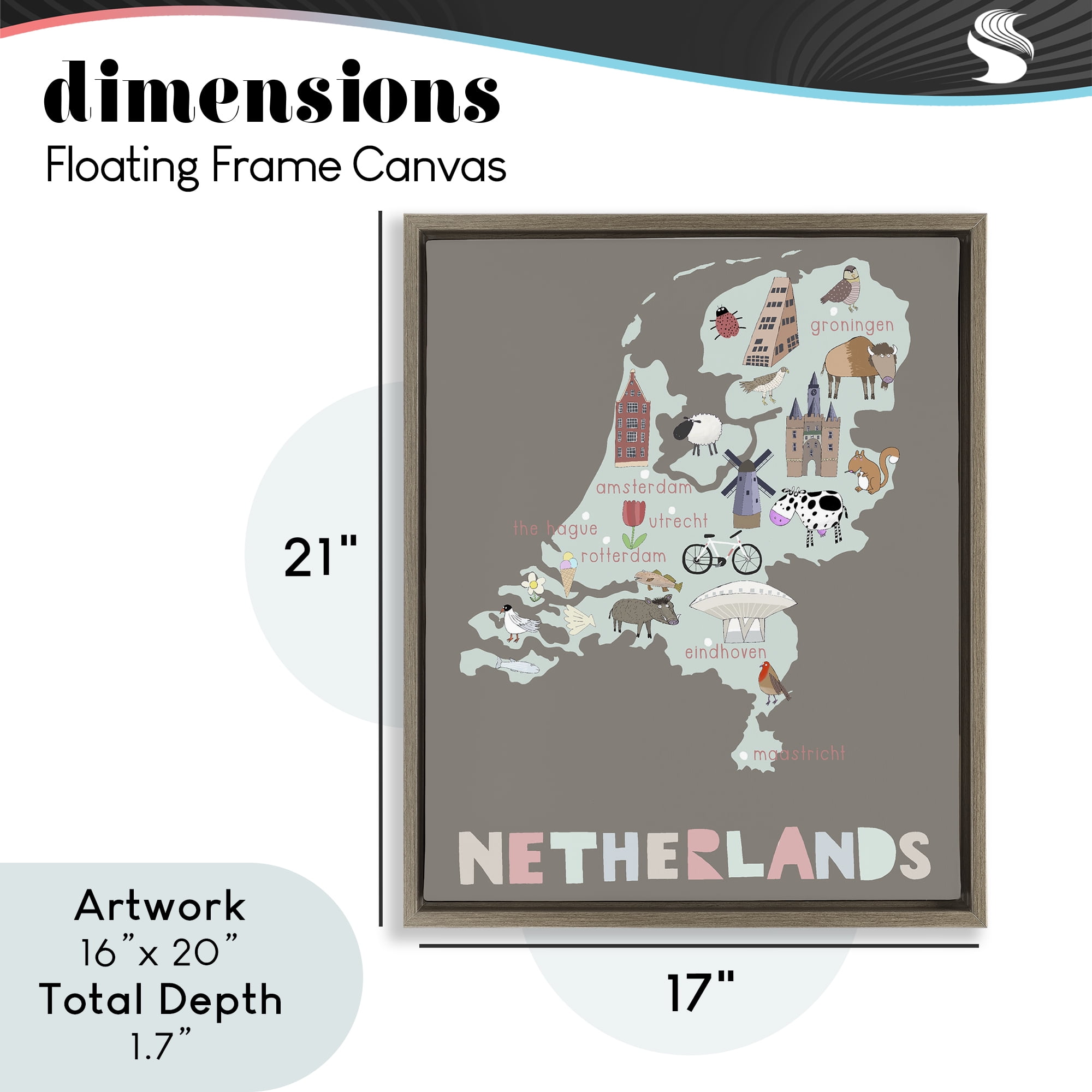 Kid's Map of Netherlands Brown Framed Floater Canvas Wall Art, design by Carla Daly