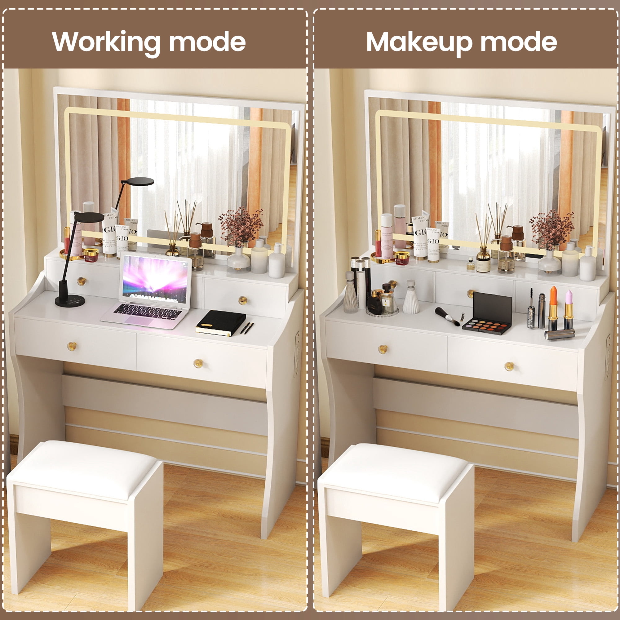 LUCKLIFE White  Vanity Desk with Mirror and Lights, 5 Drawers & Charging Station, Vanity Table and Chair Set