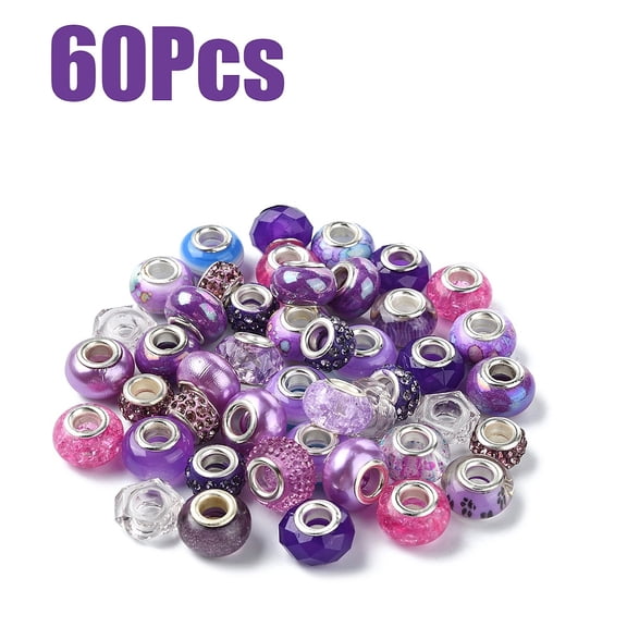 60pcs 15 styles Epoxy Resin & Polymer Clay Rhinestone European Beads Large Hole Beads Rondelle Purple 10~14x5~10mm Hole: 5~6mm