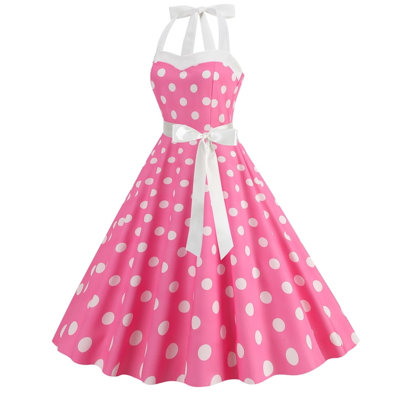 Women's 1950s Vintage Rockabilly Swing Dress - Pinup Halterneck Floral A-Line Dress (Pink)