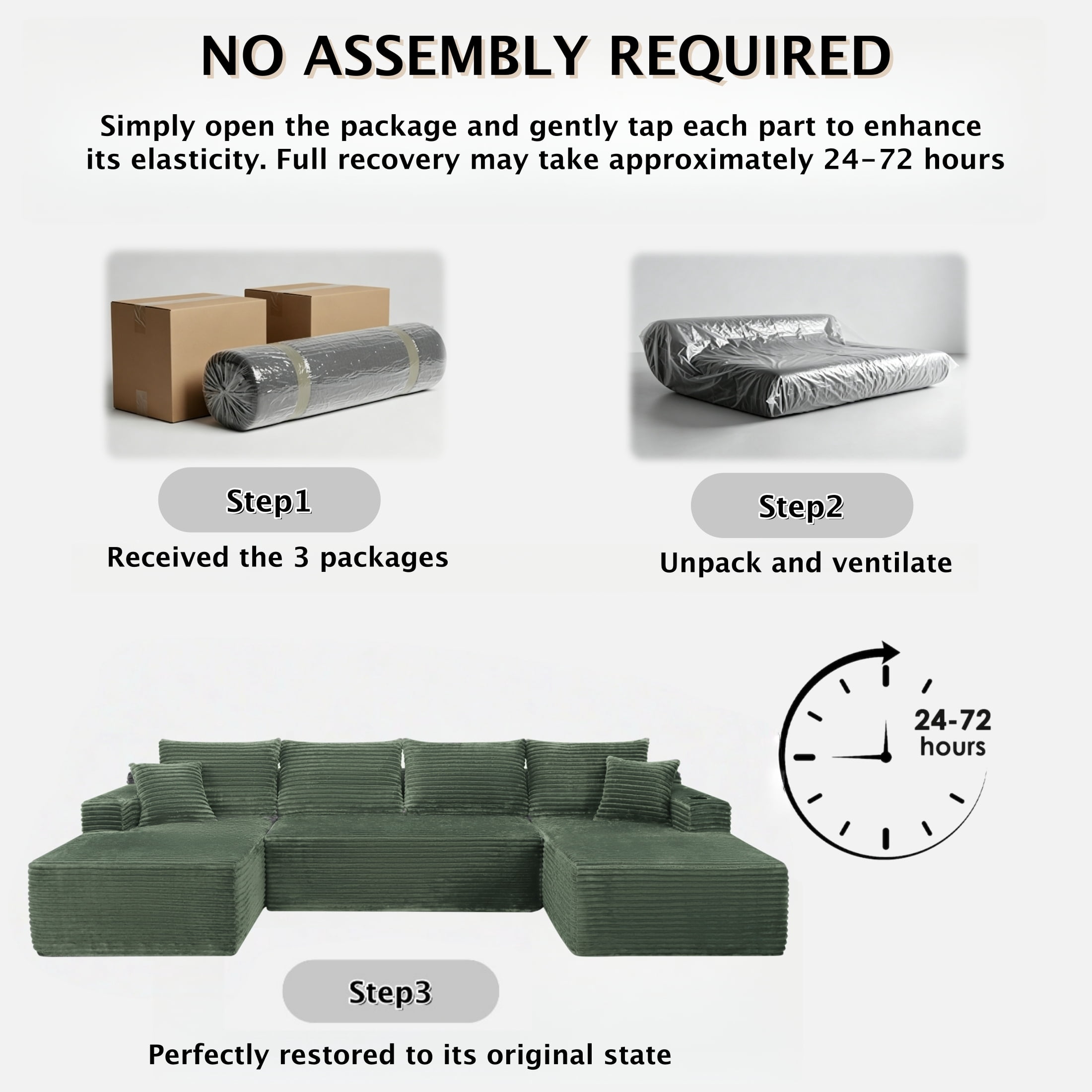 ShiKeyi 134" Modular U-Shaped Cloud Sofa, 5 Seater Corduroy Sectional Couch with Deep Seats Double Chaise & Soft Boneless Design, Green