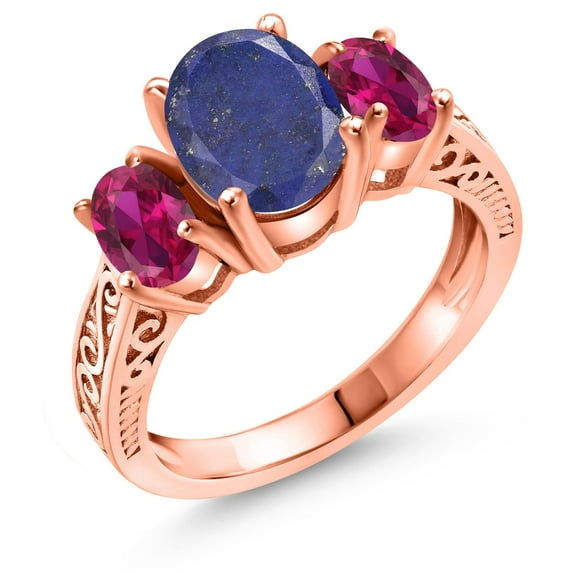 Gem Stone King 3.00 Ct Oval Blue Lapis Red Created Ruby 18K Rose Gold Plated Silver Ring (Size 7)