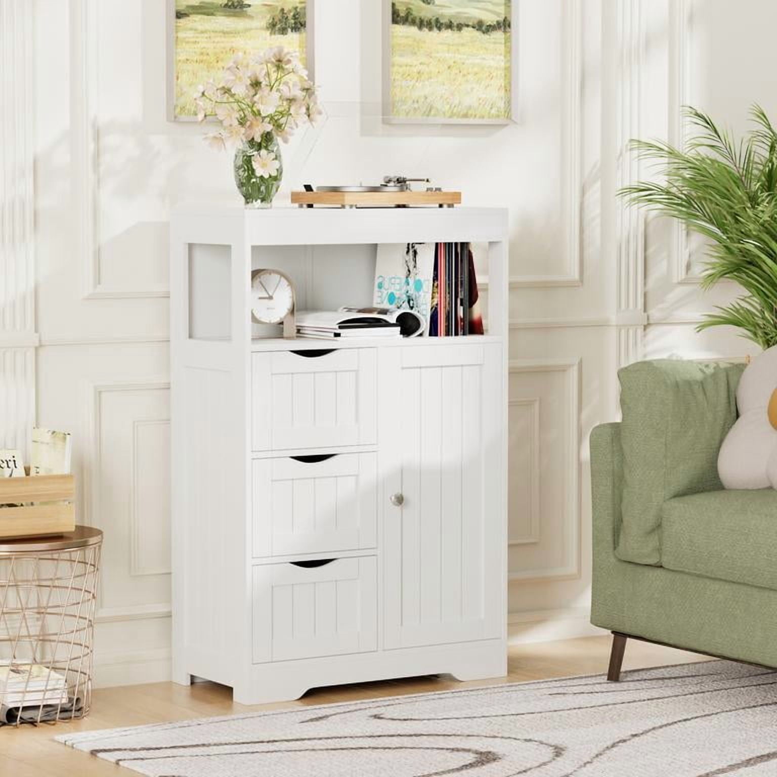 Lacoo Bathroom Cabinet Wooden Storage Organizer with 1 Door, 3 Drawers & Adjustable Shelf Storage Cabinet for Kitchen Living Room Bathroom, White