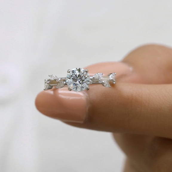 VINSON Round & Marquise Cut Moissanite Engagement Ring - leaf Branch Diamond Ring