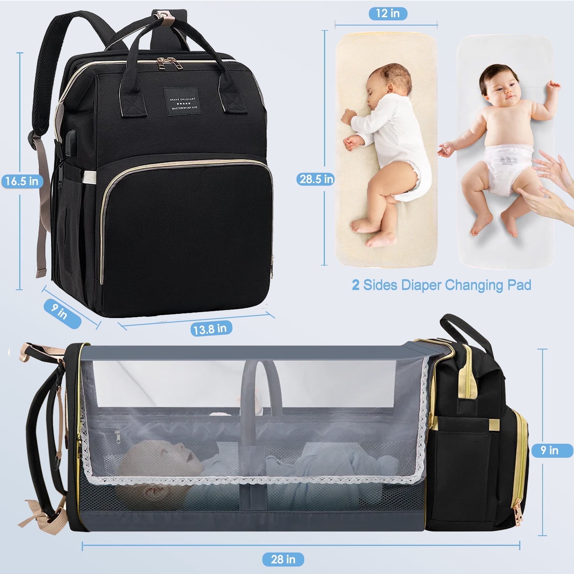 Anoak Baby Diaper Bag Backpack with Changing Station, Large Capacity Baby Bag, Waterproof Travel Backpack with USB Charging Port, Stroller Straps , Baby Shower Gifts